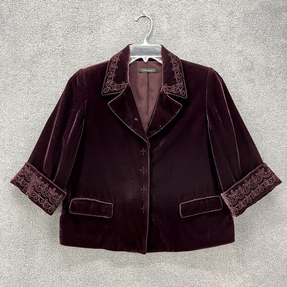 Tahari Velvet Blazer Jacket Womens 8 Purple Embroidered snap button peplum - Picture 1 of 16
